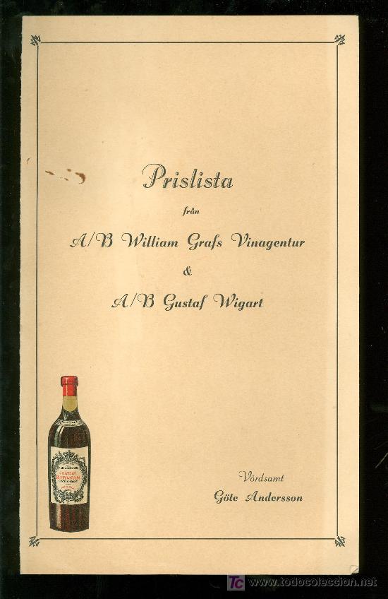 Werbekataloge: PRISLISTA FRAN GRAFS VINAGENTUR AND GUSTAF WIGART. 1944.