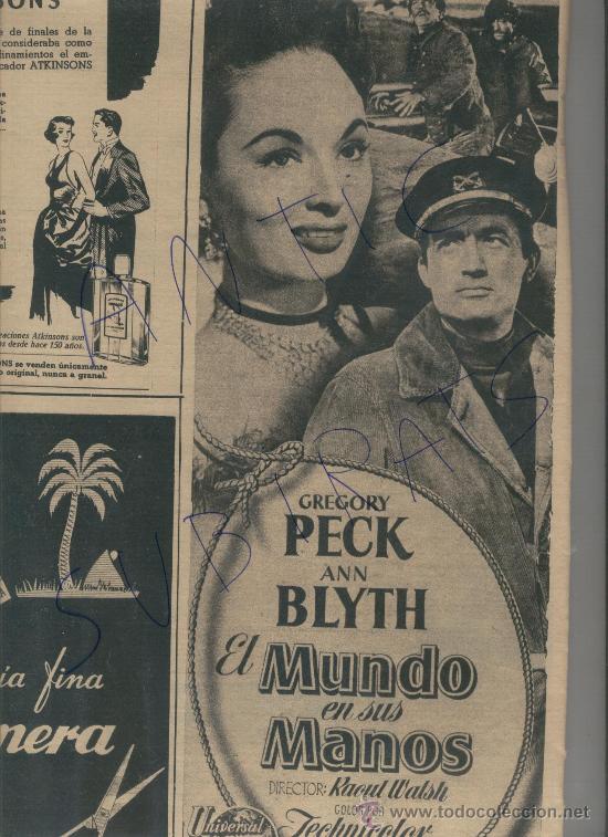 Cat&aacute;logos publicitarios: RECORTE DE PRENSA.A&Ntilde;O 1952.CINE. GREGORY PECK. ANN BLYTH.EL MUNDO EN SUS MANOS.