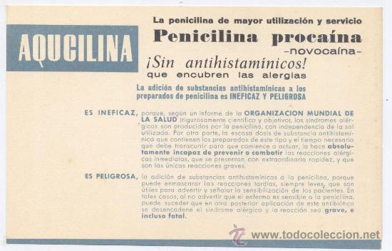 Cat&aacute;logos publicitarios: TARJETA PUBLICIDAD FARMACEUTICA ANTIBIOTICOS, S.A. *AQUCILINA* - PENICILINA PROCAINA
