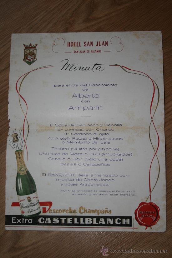 Cat&aacute;logos publicitarios: Menu de boda del Hotel San Juan de Palamos. Publicidad de Champa&ntilde;a Castellblanch,garantia cava.