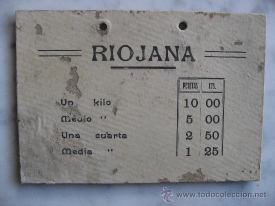 Cat&aacute;logos publicitarios: ANTIGUA TARIFA DE PRECIOS DE LA RIOJANA,CARTON GORDO DE 16 x 11 Cms.