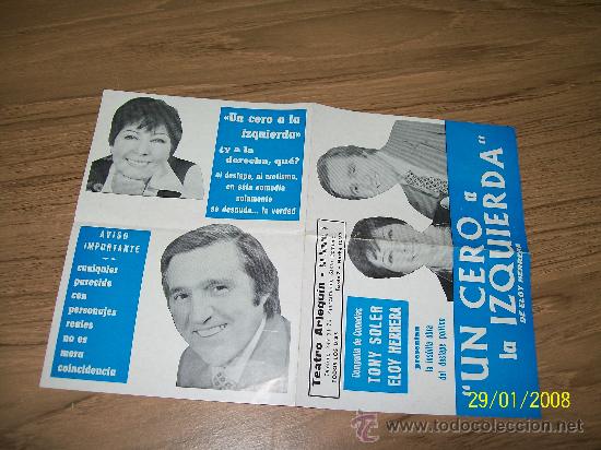 Werbekataloge: FOLLETO ( 2 HOJAS) DE : TEATRO ARLEQIN.- 1978- UN CERO A LA IZQUIERDA, DE ELOY HERRERA