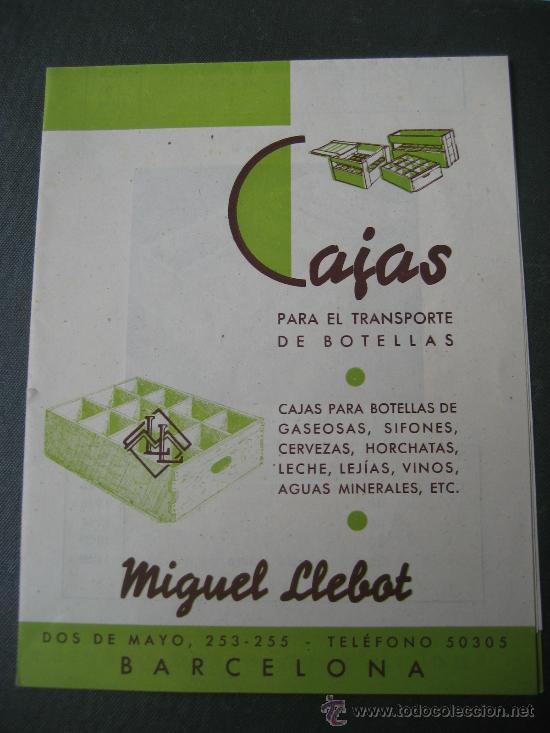 Cat&aacute;logos publicitarios: Cajas de madera para botellas Miguel Llebot, Barcelona. Hoja 29 x 23 cms. a dos caras.