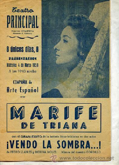 Cat&aacute;logos publicitarios: PROGRAMA teatro Ruzafa VALENCIA, 1959, MARIFE DE TRIANA
