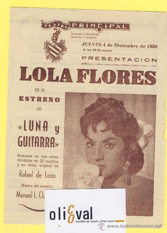 Cat&aacute;logos publicitarios: lola flores presentacion 4 diciembre 1958 teatro principal luna guitarra rafael leon maestro quiroga