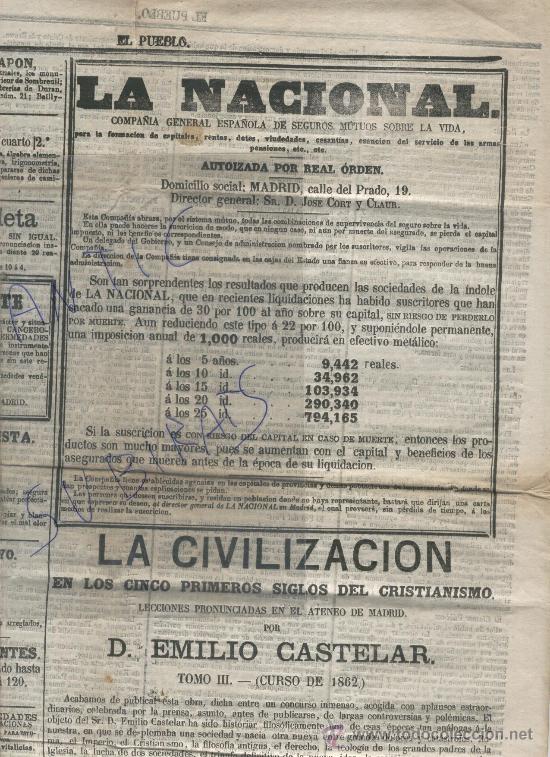 Cataloghi pubblicitari: RARISIMO PERIODICO.EL PUEBLO.A&Ntilde;O 1863.PUBLICIDAD.LA NACIONAL.LA PENINSULAR.COMPA&Ntilde;IA DE SEGUROS.
