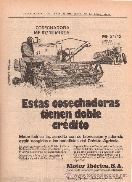 Cat&aacute;logos publicitarios: PUBLICIDAD ANTIGUA. MAQUINARIA. COSECHADORA MASSEY-FERGUSON 87-12 MIXTA. 1971.