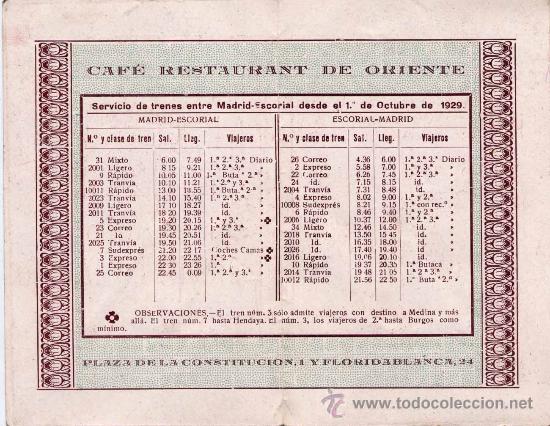 Cat&aacute;logos publicitarios: HORARIO DE TRENES ENTRE MADRID Y EL ESCORIAL CON PUBLICIDAD DEL CAFE RESTAURANT DE ORIENTE CELESTINO