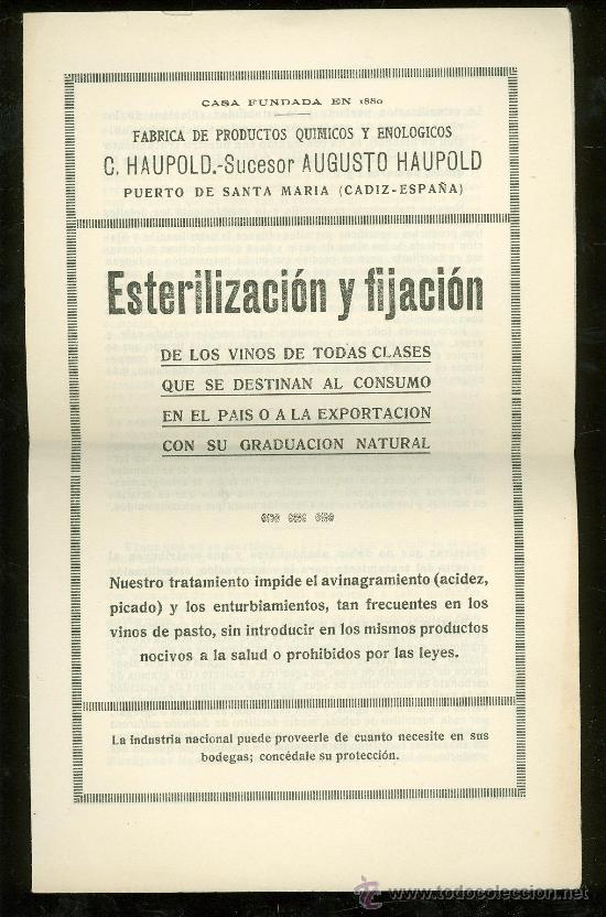 Werbekataloge: ESTERILIZACION Y FIJACION. C. HAUPOLD. PUERTO DE SANTA MARIA CADIZ. 1922. PRODUCTOS QUIMICOS.