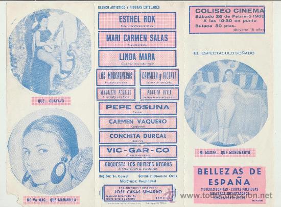 Werbekataloge: Bellezas de Espa&ntilde;a. Programa tr&iacute;ptico. Coliseo Cinema. Febrero 1966.