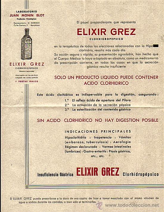 Cat&aacute;logos publicitarios: FOLLETO ELIXIR GREZ CLORHIDROPEPSICO - LABORATORIOS JUAN MONIN BLOT-BARCELONA