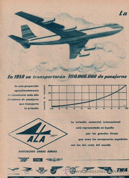 Cat&aacute;logos publicitarios: PUBLICIDAD ANTIGUA. AVIACI&Oacute;N. ASOCIACI&Oacute;N L&Iacute;NEAS A&Eacute;REAS. ALA. 1957.
