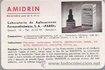Cat&aacute;logos publicit&aacute;rios: PUBLICIDAD FARMACEUTICA DE AMIDRIN, LABORATORIOS FARDI, TIPO FICHA 12,3 X 8,3 CTM.