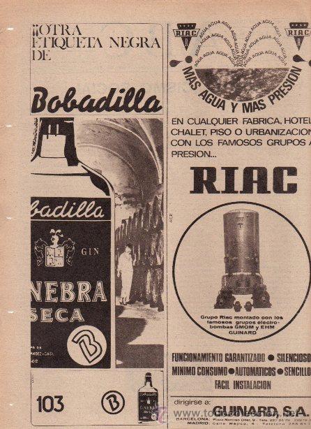 Cat&aacute;logos publicitarios: PUBLICIDAD ANTIGUA. VARIOS. GINEBRA BOBADILLA. GRUPOS A PRESION RIAC. 1966.