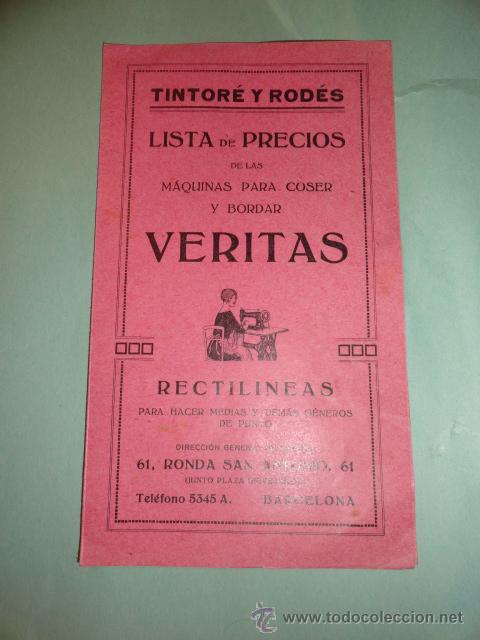 Cat&aacute;logos publicitarios: FOLLETO CATALOGO PUBLICIDAD MAQUINA DE COSER VERITAS , LISTA DE PRECIOS (TINTORE Y RODES, BARCELONA)