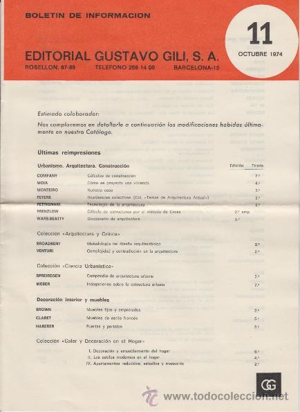 Cat&aacute;logos publicitarios: EDITORIAL GUSTAVO GILI, S.A. OCTUBRE 1974. BOLET&Iacute;N DE INFORMACI&Oacute;N Y LISTA DE PRECIOS.