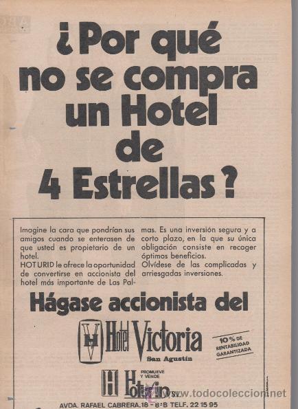Cat&aacute;logos publicitarios: PUBLICIDAD ANTIGUA. HOTELES. HOTEL VICTORIA SAN AGUST&Iacute;N. H&Aacute;GASE ACCIONISTA. 1972.