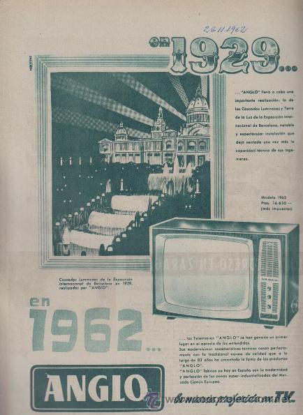 Cat&aacute;logos publicitarios: PUBLICIDAD ANTIGUA. TELEVISORES. ANGLO. 1962.