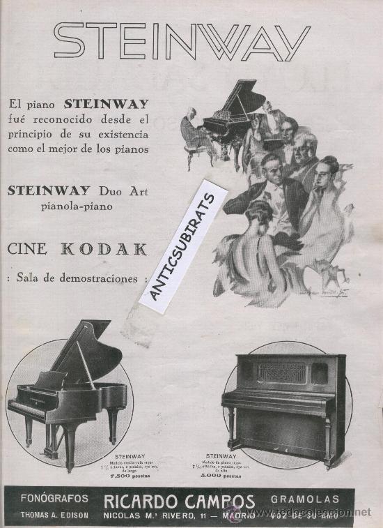 Cataloghi pubblicitari: RECORTE DE PRENSA. A&Ntilde;O 1929.RARA PUBLICIDAD.STEINWAY. PIANOS. RICARDO CAMPOS. MADRID.