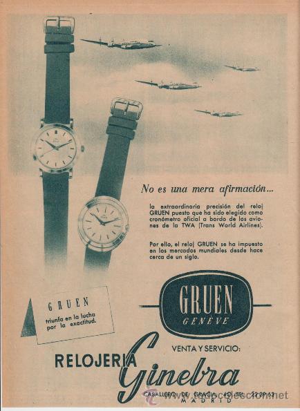 Cat&aacute;logos publicitarios: PUBLICIDAD ANTIGUA. RELOJES. GRUEN. GEN&Egrave;VE. RELOJER&Iacute;A GINEBRA. 1955. HOJA COMPLETA.