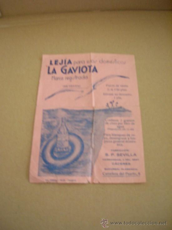 Advertising Catalogs: Antigua hoja de publicidad lejia La Gaviota, Caceres. Sucursal en Plasencia. Mide 10 x 13,5 cm..