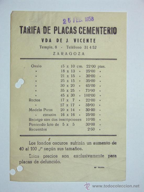 Werbekataloge: TARIFA PLACAS CEMENTERIO / VDA. DE J. VICENTE / ZARAGOZA 1958