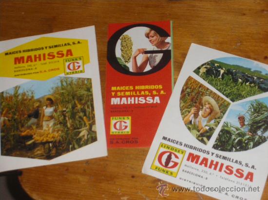 Cat&aacute;logos publicit&aacute;rios: MAICES HIBRIDOS Y SEMILLAS MAHISSA, FUNKS HIBRID. SA CROS, BARCELONA. 3 CATALOGOS.