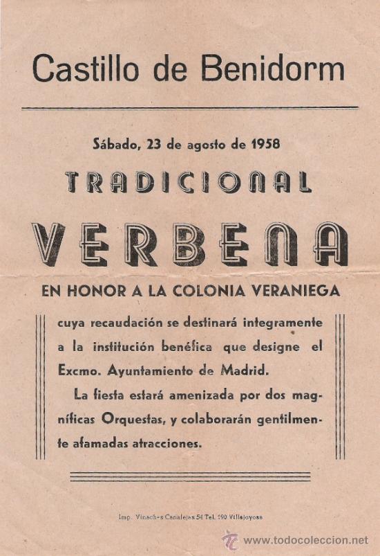 Cat&aacute;logos publicitarios: CASTILLO DE BENIDORM - TRADICIONAL VERBENA - A&Ntilde;O 1958