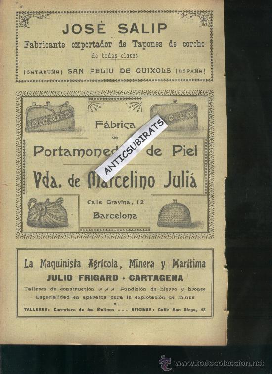 Cat&aacute;logos publicitarios: PUBLICIDAD MODERNISTA.A&Ntilde;O 1904.JOSE SALIP.SANT FELIU DE GUIXOLS.CORCHO.MARCELINO JULIA.PORTAMONEDAS.