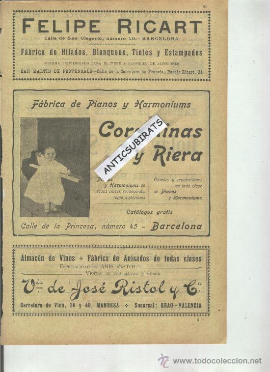 Cat&aacute;logos publicitarios: PUBLICIDAD MODERNISTA.A&Ntilde;O 1904.ANIS RISTOL.MANRESA.FABRICA DE PIANOS.COROMINAS Y RIERA.BARCELONA.