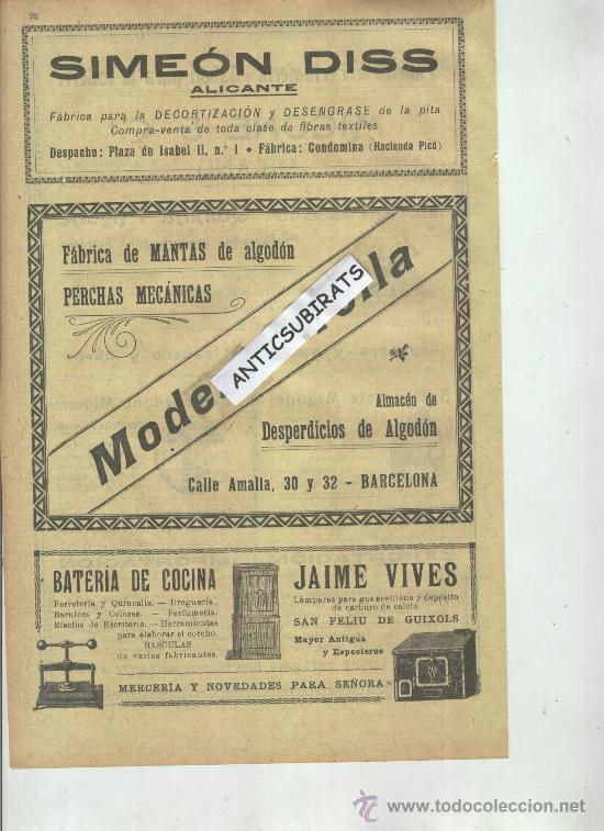Cat&aacute;logos publicitarios: PUBLICIDAD.A&Ntilde;O 1904.SIMEON DISS.PITA.ALICANTE.FABRICA DE MANTAS.M. TELLA.VIVES.SANT FELIU DE GUIXOLS