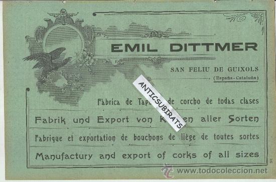 Cat&aacute;logos publicitarios: RARA PUBLICIDAD MODERNISTA.A&Ntilde;O 1904.SANT FELIU DE GUIXOLS.FABRICA DE TAPONES DE CORCHO.EMIL DITTMER