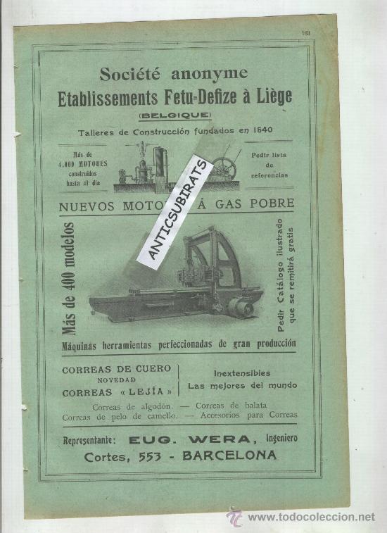 Cat&aacute;logos publicitarios: PUBLICIDAD .A&Ntilde;O 1904. MOTORES A GAS POBRE.CORREAS LEJIA. E. WERA. BARCELONA.