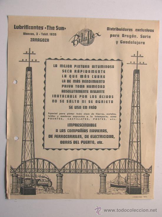 Werbekataloge: PUBLICIDAD / LUBRIFICANTES THE SUN -BITUFLEX / ZARAGOZA 1942 /HOJA COMERCIAL
