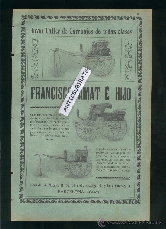 Werbekataloge: PUBLICIDAD MODERNISTA.A&Ntilde;O 1904.TALLER DE CARRUAJES. FRANCISCO AMAT.BARCELONA.TARTANAS.