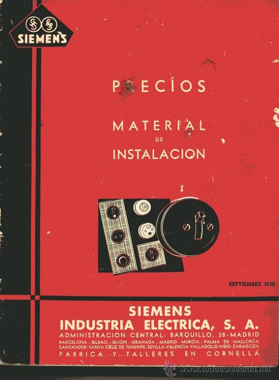 Cat&aacute;logos publicitarios: CATALOGO SIEMENS, PRECIOS, MATERIAL DE INSTALACI&Oacute;N, SEPTIEMBRE 1935 ... ni