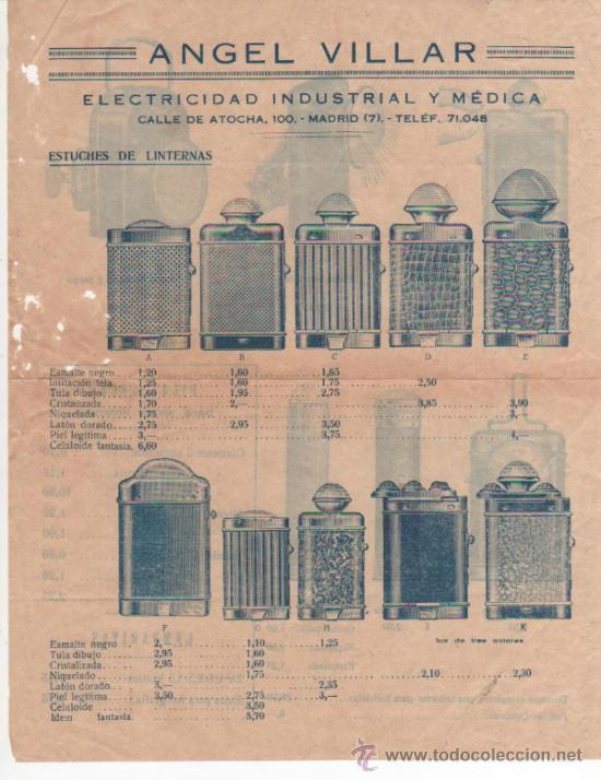 Werbekataloge: Bonita y rara publicidad  Angel Villar. Electricidad Industrial y M&eacute;dica. Madrid. Estuche linternas.