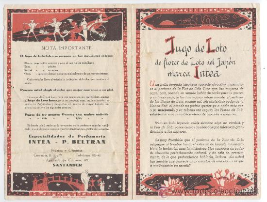 Cat&aacute;logos publicit&aacute;rios: PUBLICIDAD DEL JUGO DE LOTO. ESPECIALIDADES PERFUMER&Iacute;A INTEA, P. BELTRAN, SANTANDER. HELIOS, MADRID.