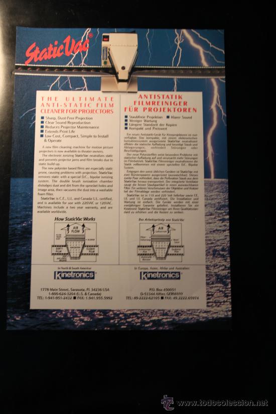 Cat&aacute;logos publicitarios: Folleto cat&aacute;logo limpiador antiest&aacute;tico STATICVAC de Kinetronics para cine y proyector de 35mm