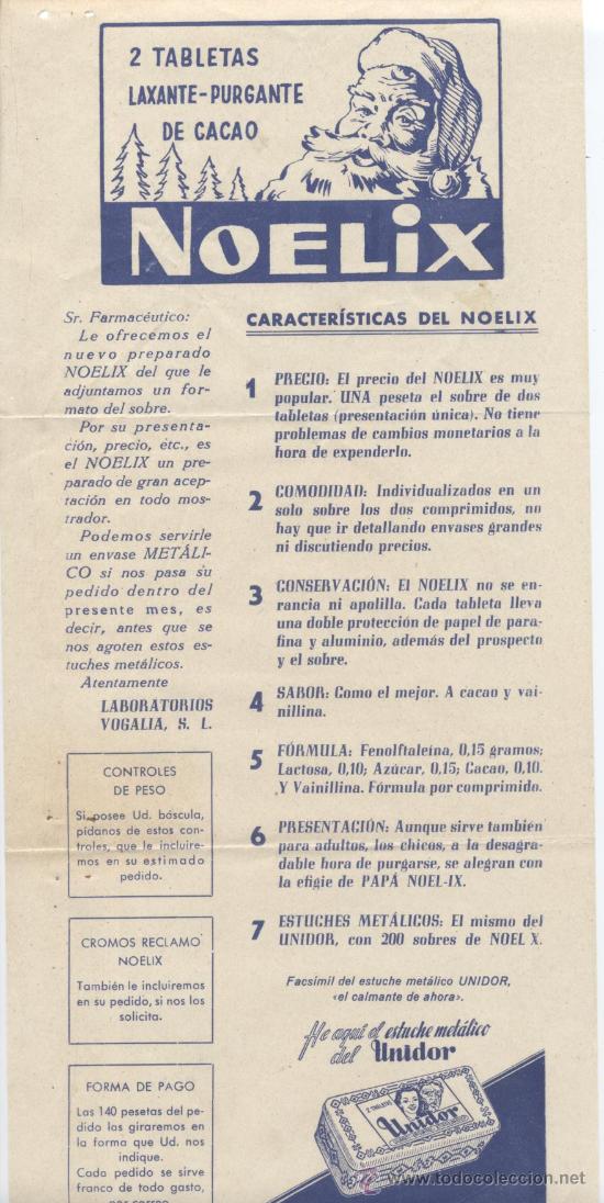 Cat&aacute;logos publicitarios: Publicidad farmacia. Purgante de Cacao Noelix. Unidor. Laboratios Vogalia.