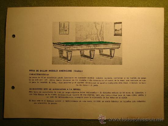 Cataloghi pubblicitari: FOLLETO PUBLICITARIO BILLAR A&Ntilde;OS 60..ESPA&Ntilde;A..25 X 17,5CM ..IMPRESO UNA CARA