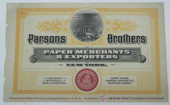 Werbekataloge: ANTIGUO DOCUMENTO CON LITOGRAFIA DE PUBLICIDAD DE PARSONS BROTHERS, PAPER MERCHANTS & EXPOTERS, NEW