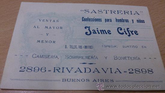 Werbekataloge: ANTIGUA TARJETA PUBLICIDAD SASTRERIA JAIME CIFRE CAMISERIA SOMBRERERIA BONETERIA BUENOS AIRES 1915