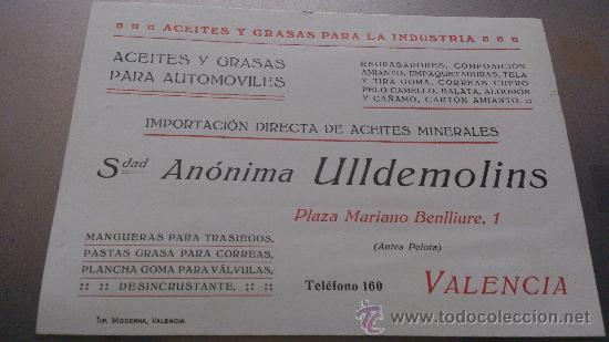 Catalogues publicitaires: ANTIGUA TARJETA PUBLICIDAD ACEITES GRASAS AUTOMOVILES INDUSTRIA ULLDEMOLINS VALENCIA