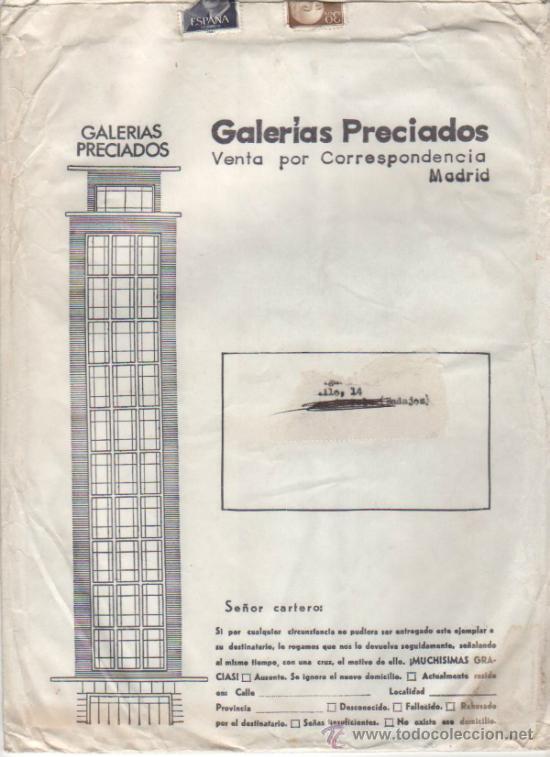 Werbekataloge: Antiguo sobre de correspondencia de Galerias Preciados. A&ntilde;os 40 - 50
