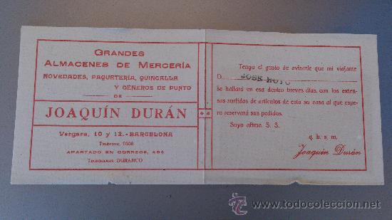 Catalogues publicitaires: ANTIGUA TARJETA PUBLICIDAD ALMACENES DE MERCERIA QUINCALLA PUNTO JOAQUIN DURAN BARCELONA