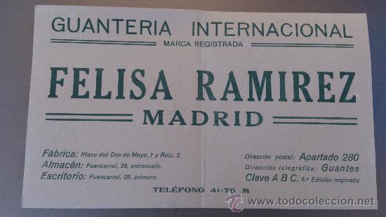 Catalogues publicitaires: ANTIGUO CARTON PUBLICITARIO GUANTERIA GUANTES FELISA RAMIREZ MADRID