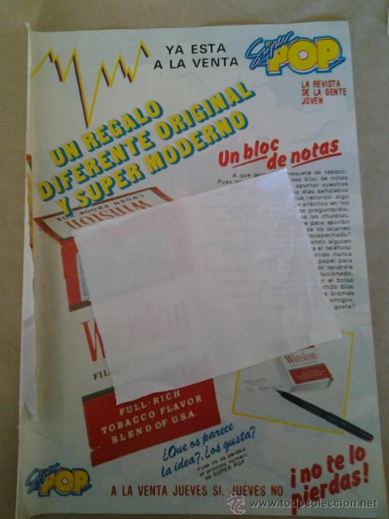Cat&aacute;logos publicitarios: 1 HOJA PUBLICIDAD REVISTA PRONTO SOBRE SUPER POP BLOC DE NOTAS PAQUETE DE TABACO
