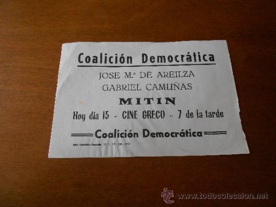 Cat&aacute;logos publicitarios: PUBLICIDAD MITIN COALICI&Oacute;N DEMOCR&Aacute;TICA (JOS&Eacute; MAR&Iacute;A DE AREILZA) A&Ntilde;O 1979 CANARIAS, TENERIFE