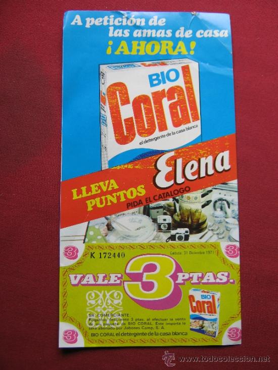 Cat&aacute;logos publicitarios: FOLLETO PUBLICITARIO CON VALE DE 3 PTAS DE BIO CORAL DETERGENTE - PUNTOS ELENA